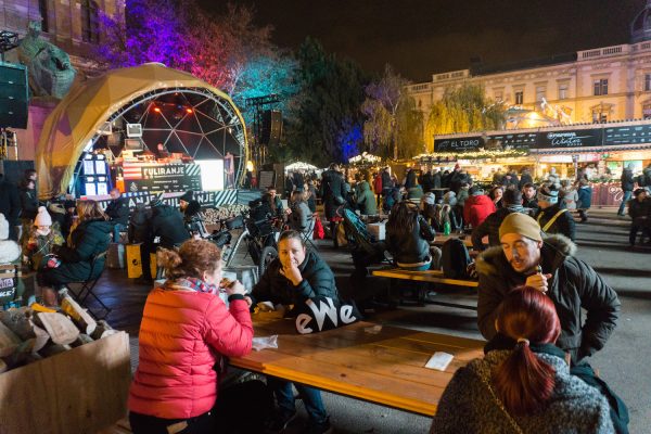 Fooling Around Christmas market stands and music stage at Advent in Zagreb