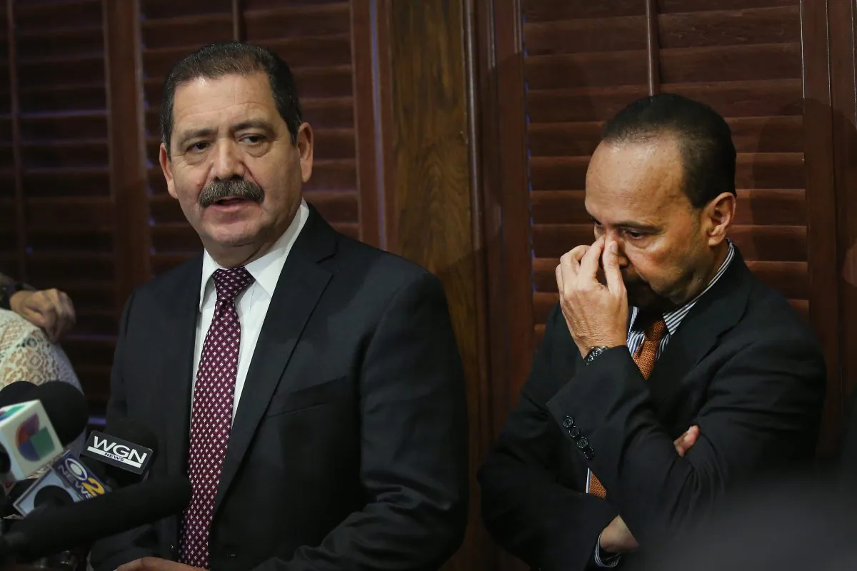 Cook County Board Commissioner Jesús "Chuy" García speaks with reporters in Chicago, Illinois, on Nov. 28, 2017, after U.S. Rep. Luis Gutiérrez (D-IL) (R) announced his retirement from Congress at the end of his current term and his endorsement of Garcia for the seat. Garcia went on to be elected to Congress in the November 2018 elections. (Scott Olson/Getty Images)