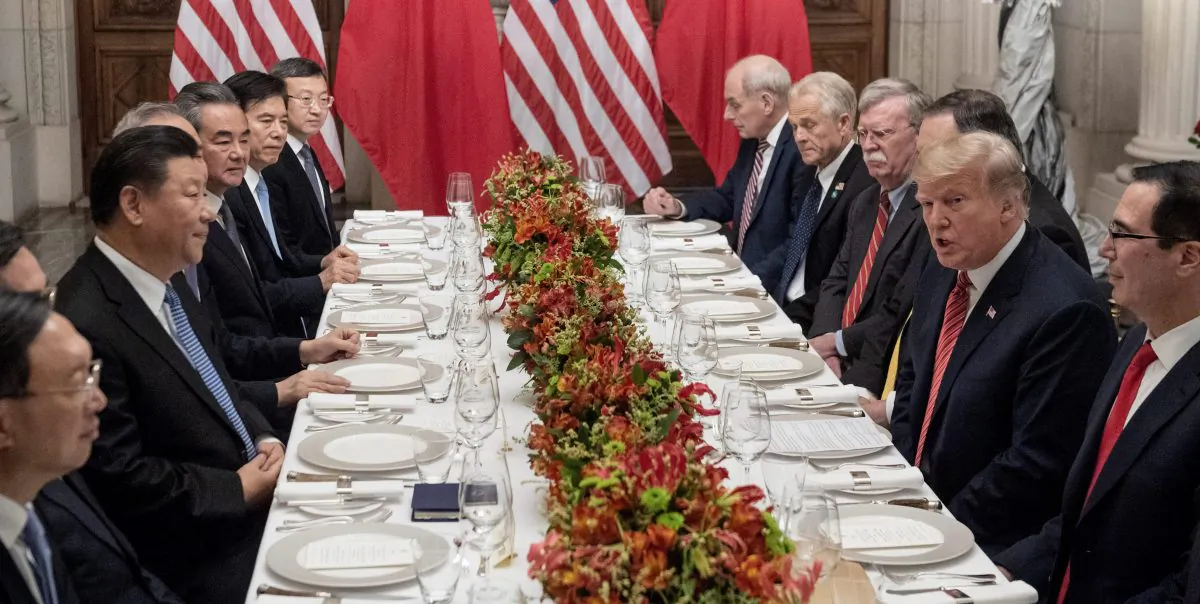 President Donald Trump and members of his delegation hold a dinner meeting with Chinese leader Xi Jinping and Chinese government representatives, at the end of the G-20 Leaders' Summit in Buenos Aires, Argentina, on Dec. 1, 2018. (SAUL LOEB/AFP/Getty Images)