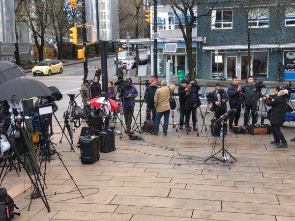 Reporters gather outside Huawei CFO Meng Wanzhou's bail hearing at the British Columbia Supreme Court in Vancouver on Dec. 10, 2018.