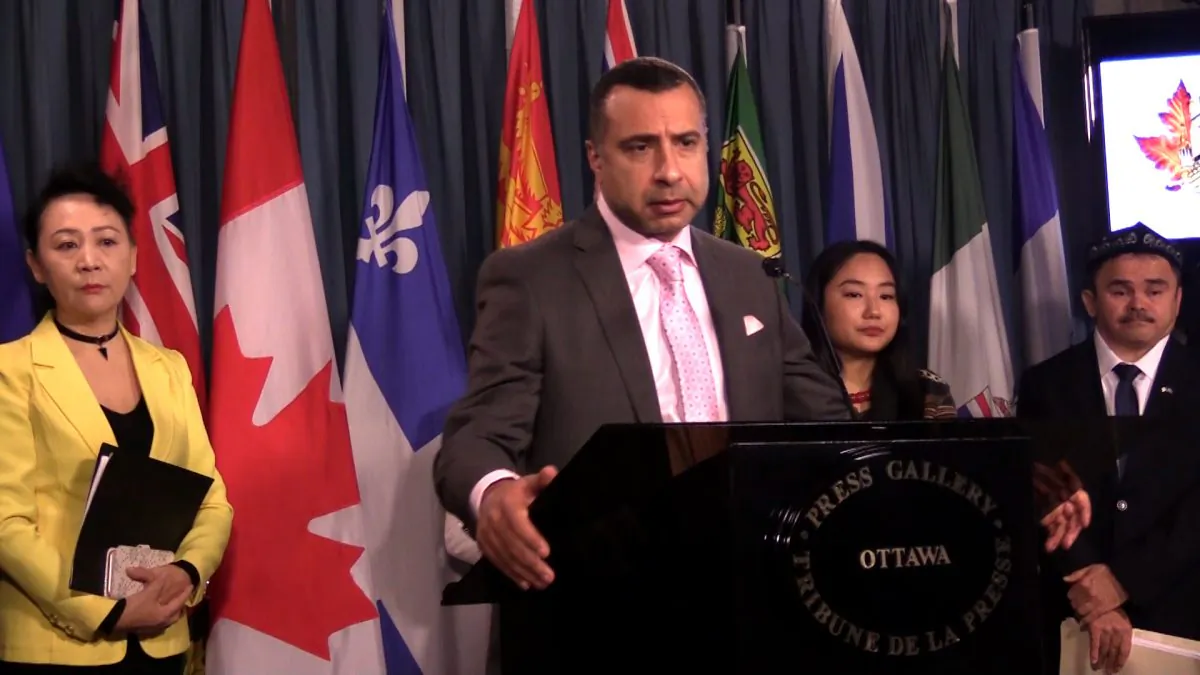 Majed El Shafie, president and founder of One Free World International, speaks at a press conference on Parliament Hill in Ottawa on Dec. 10, 2018. (Limin Zhou/NTD)