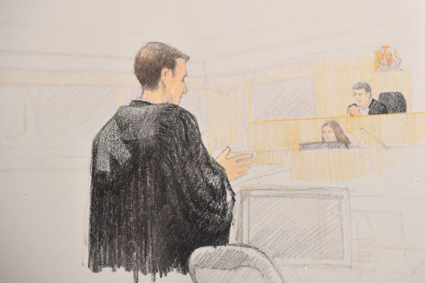In this courtroom sketch, John Gibb-Carsley, a lawyer for Canada's attorney general, addresses a bail hearing for Huawei executive Meng Wanzhou at B.C. Supreme Court in Vancouver, on Dec. 10, 2018.