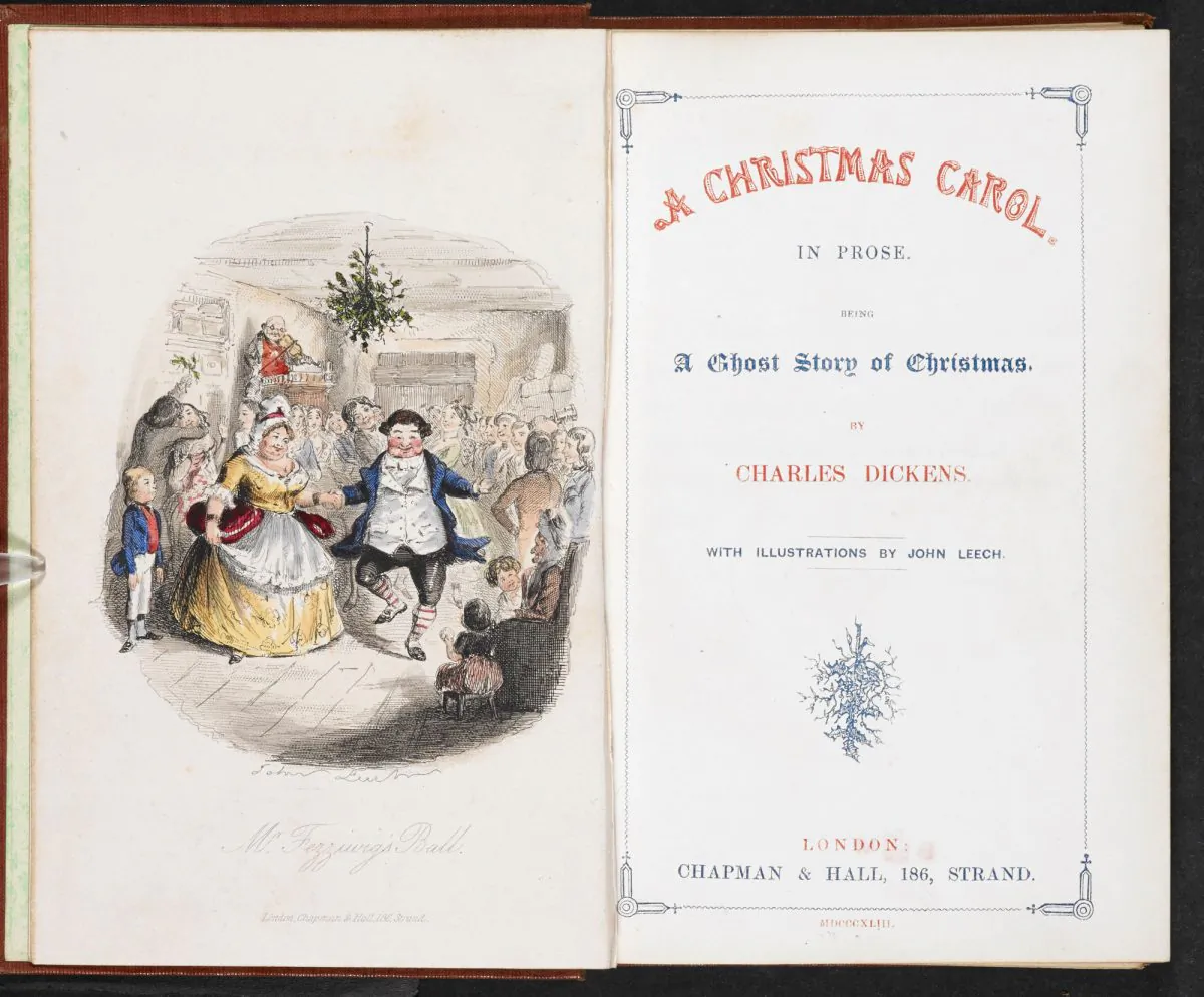 The first edition of "A Christmas Carol in Prose: Being a Ghost Story of Christmas," 1843, by Charles Dickens with illustrations by John Leech. (Public domain)