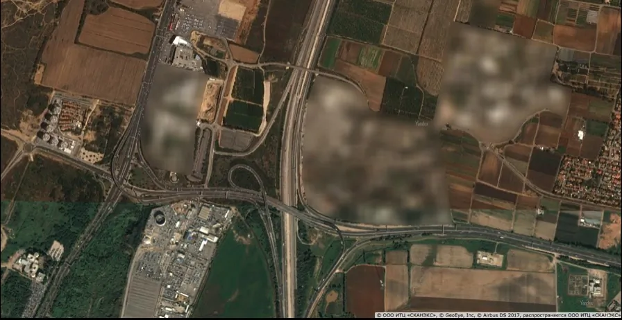 This undated satellite image from Yandex Maps shows a blurred out signals intelligence facility in Israel, located north of Tel Aviv, Israel. (Yandex Maps)