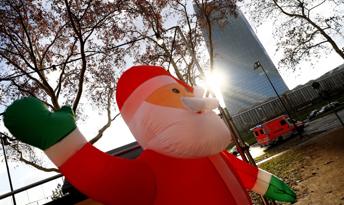 Inflatable Santa Claus near the European Central Bank