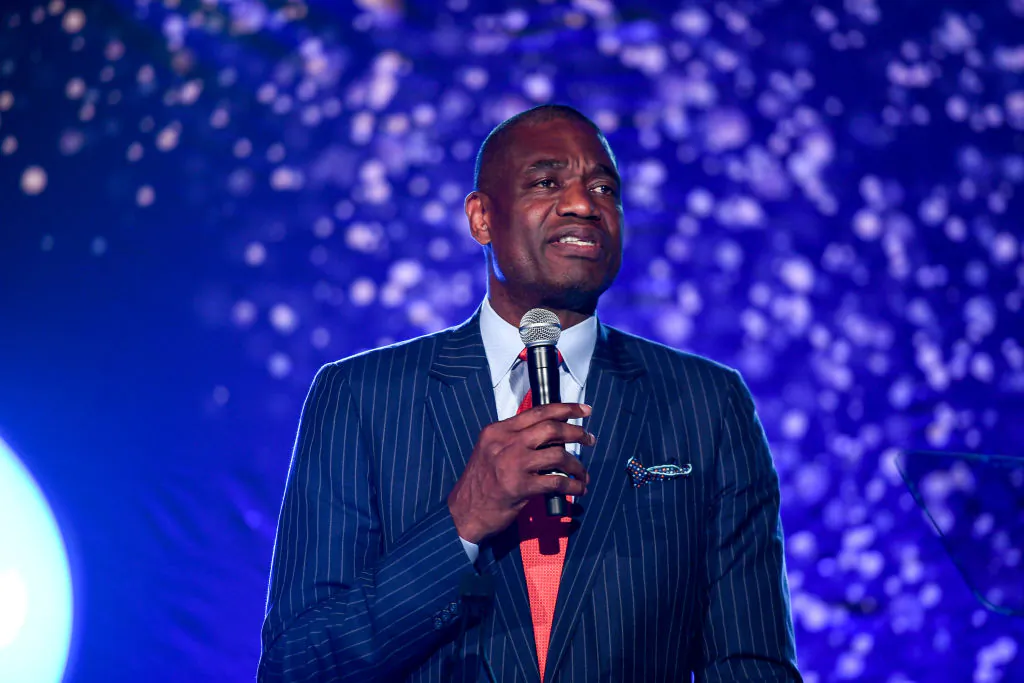 Global Humanitarian Award Honoree Dikembe Mutombo speaks at the Fourth Annual UNICEF Gala at The Foundry At Puritan Mill in Atlanta, Georgia, on April 12, 2018. (Marcus Ingram/Getty Images for UNICEF)