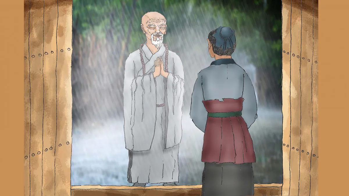 The old monk asked the servant for shelter at the manor. (Illustration by Sun MIngguo/The Epoch TImes)
