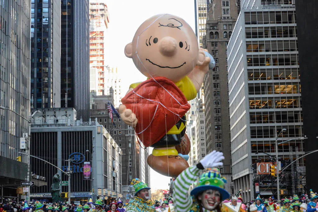 The Charlie Brown balloon floats on 6th Ave. during the annual Macy's Thanksgiving Day parade on Nov. 23, 2017 in New York City. (Stephanie Keith/Getty Images)