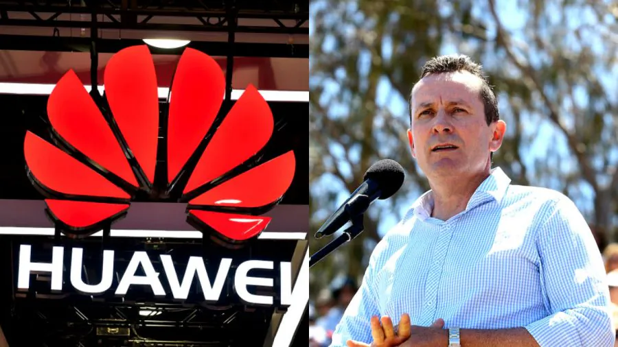 L: Huawei Logo. R: Mark McGowan in Perth, Australia on Feb. 1, 2014. (L: David Becker/Getty Images. R: Paul Kane/Getty Images)