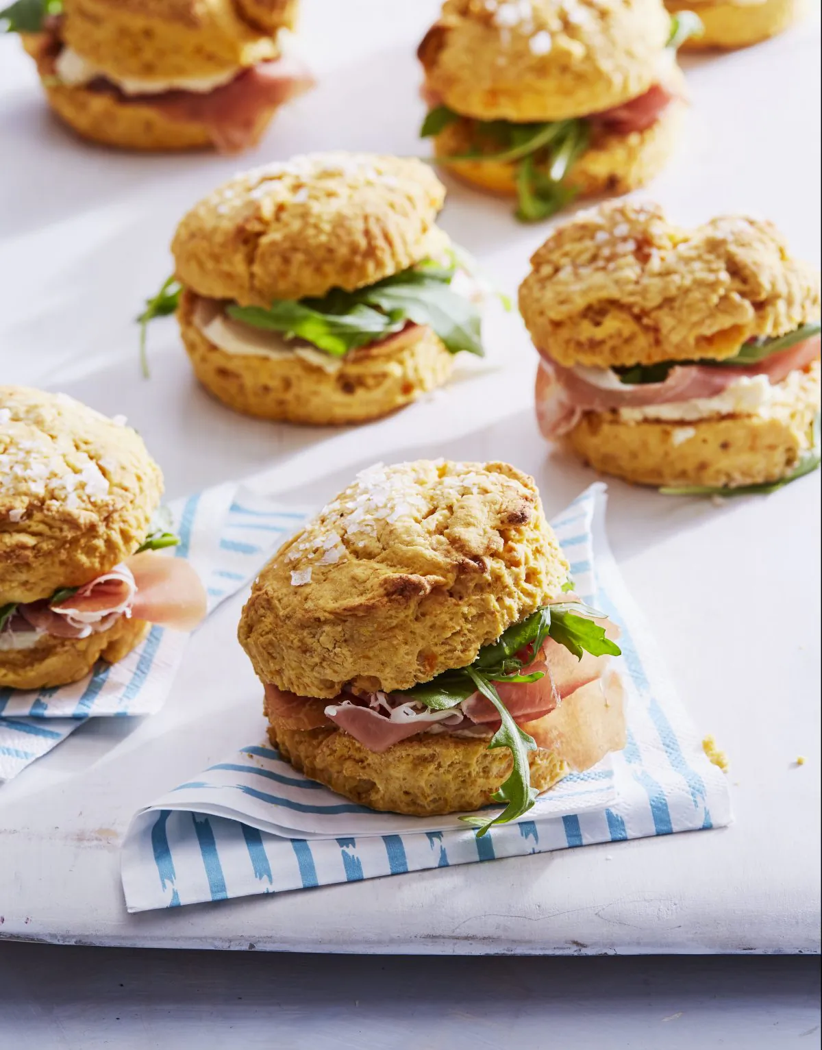 Sweet potato biscuits with prosciutto goat cheese arugula. (Linda Pugliese)