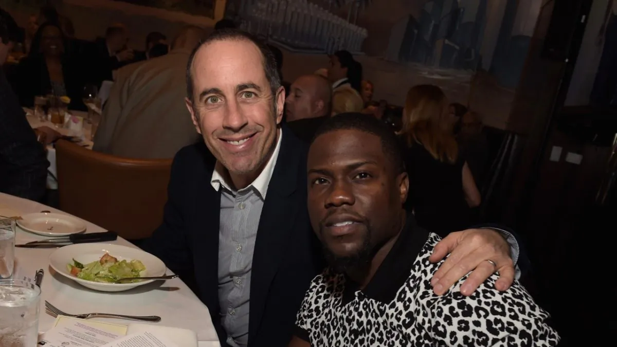 Jerry Seinfeld and Kevin Hart attend the Inaugural Los Angeles Fatherhood Lunch to Benefit Baby Buggy hosted by Jerry Seinfeld at The Palm Restaurant in Beverly Hills, California on March 4, 2015. (Jason Kempin/Getty Images for Baby Buggy)