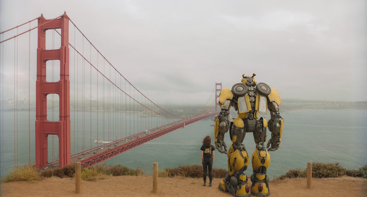 Charlie and yellow transformer look at Golden Gate bridge