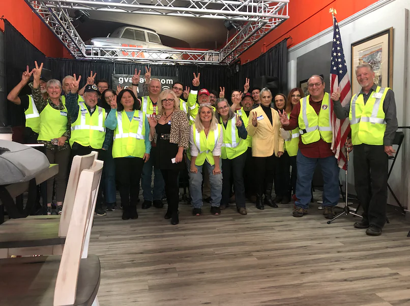 New California activists wearing yellow vests at the New California town hall meeting in Morgan Hill, Calif., on Dec. 8. (Nathan Su/The Epoch Times)