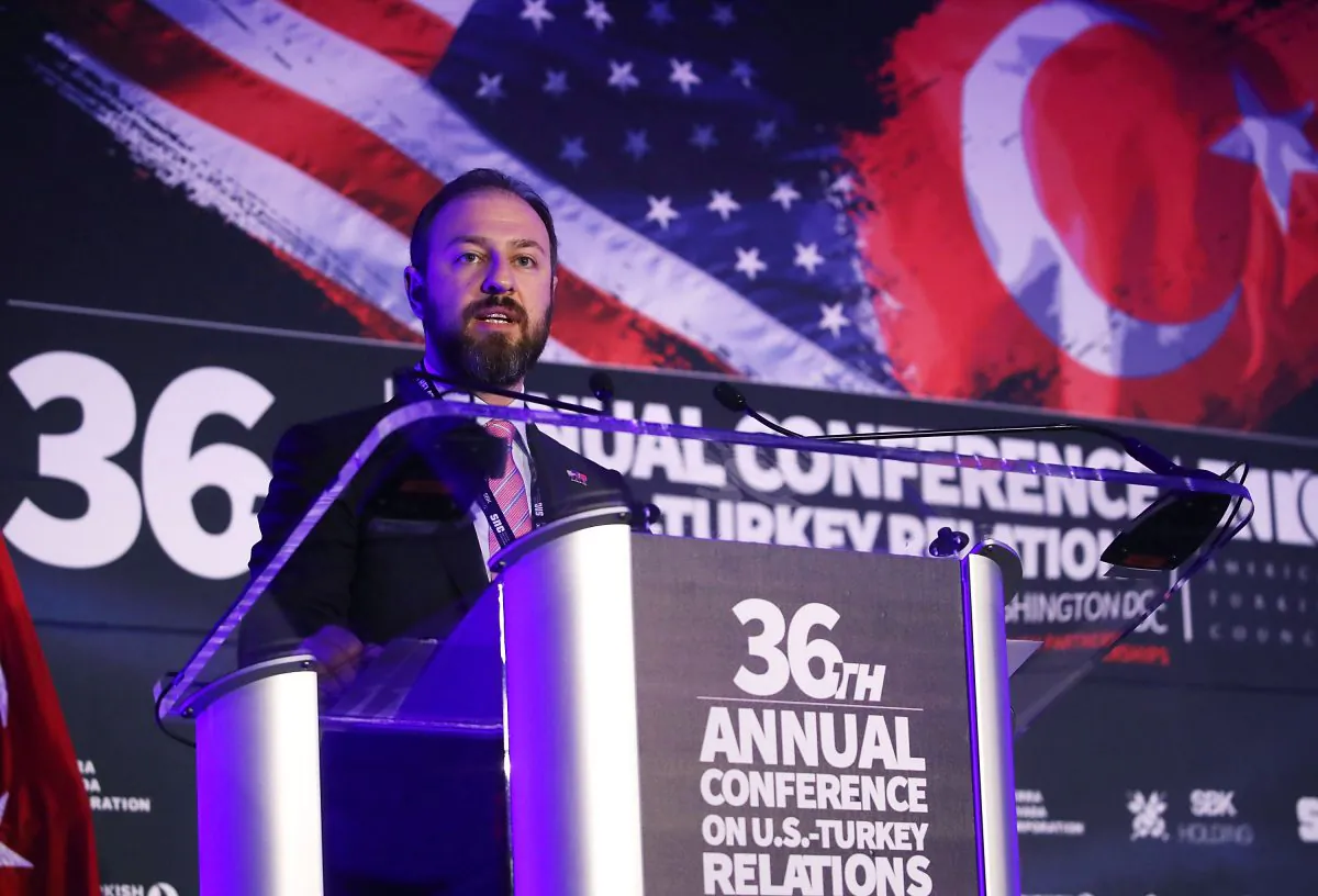 Turkish businessman Ekim Alptekin, chairman of the Turkey-U.S. Business Council, delivers opening remarks during the 36th Annual Conference on U.S. Turkey Relations at the Trump International Hotel in Washington, on May 22, 2017. (Mark Wilson/Getty Images)