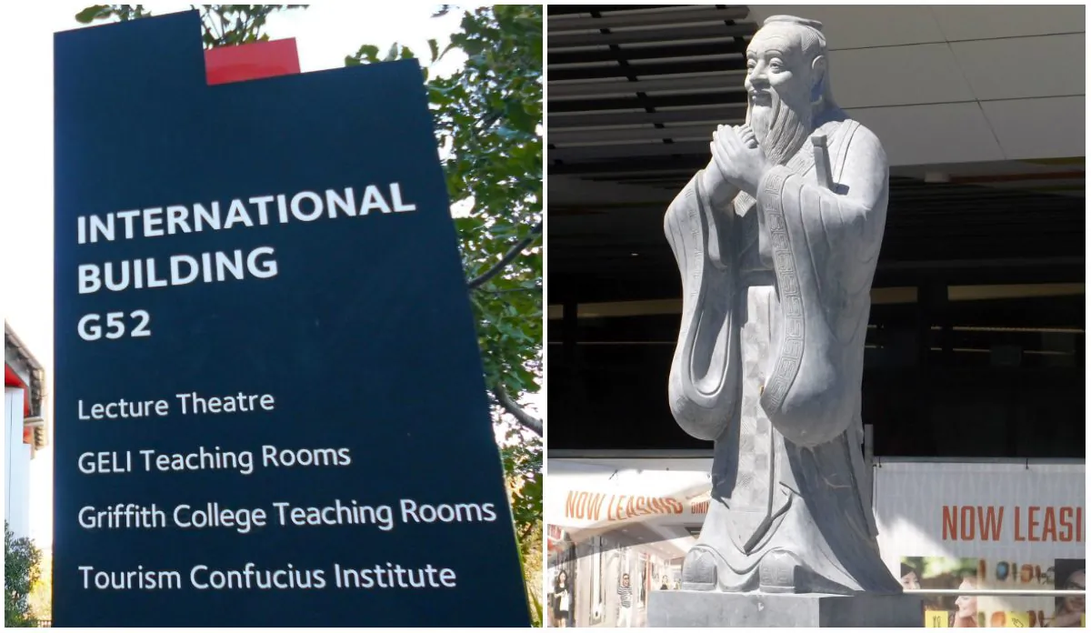 The International Building at Griffith University where the Tourism Confucius Institute operates on the Gold Coast campus. 
(Richard Szabo/The Epoch Times) and the Confucius statue at Gold Coast Chinatown, which was partly funded by the Confucius Institute. (Shiftchange/Wikimedia Commons CC)
