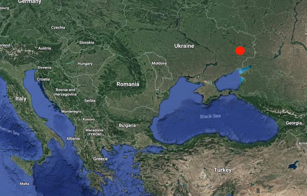 A red marker shows the location of the city of Makiivka in Ukraine, where a boy died after jumping off a 14-story building on Dec. 15, 2018. (Screenshot /Googlemaps)