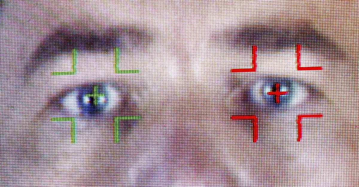 A facial recognition program is demonstrated showing a man's eyes
