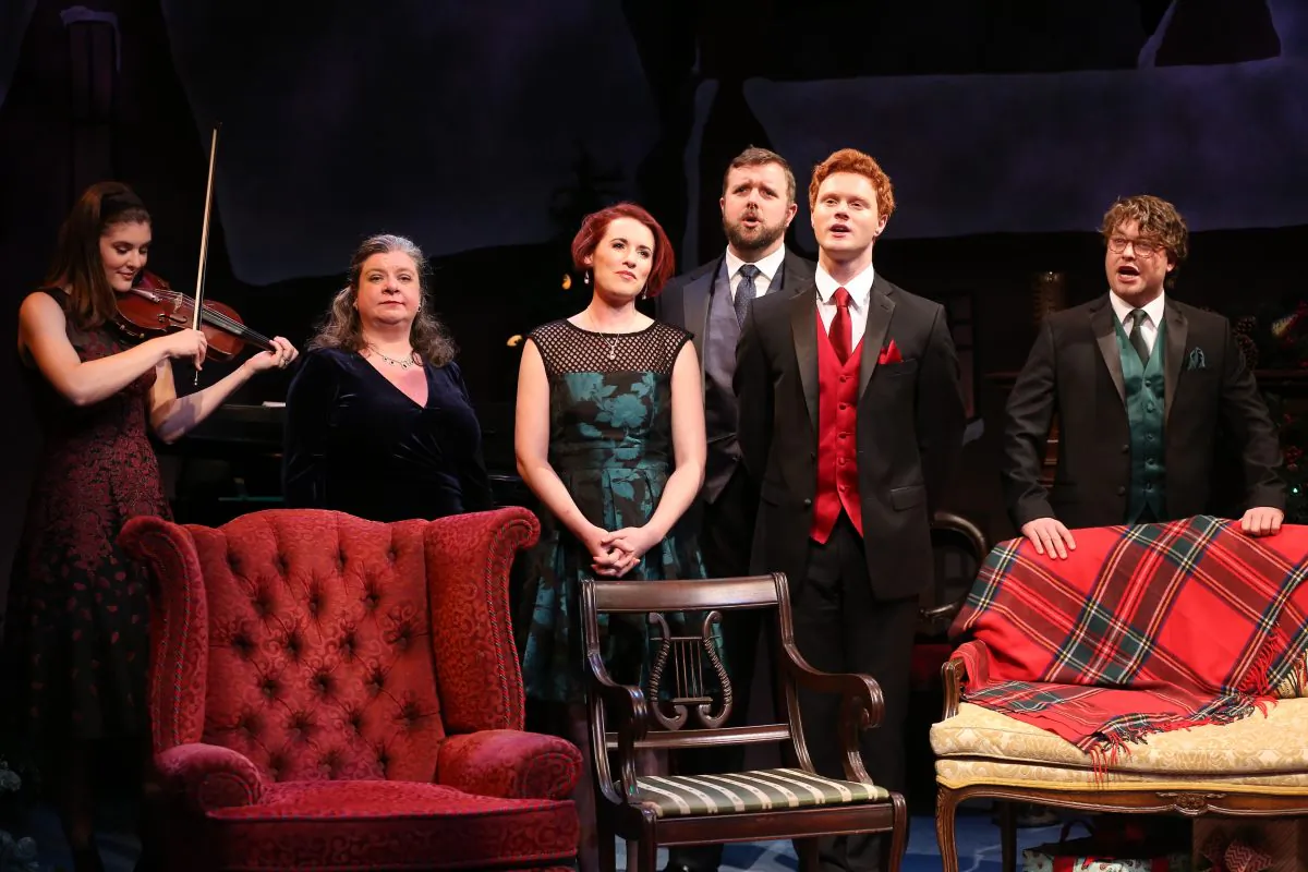 The cast of “A Child’s Christmas in Wales”: (L–R) Margaret Dudasik, Polly McKie, Naomi Louisa O'Connell, Dewey Caddell, Nicholas Barasch, and Ashley Robinson in "A Child's Christmas in Wales." (Carol Rosegg)