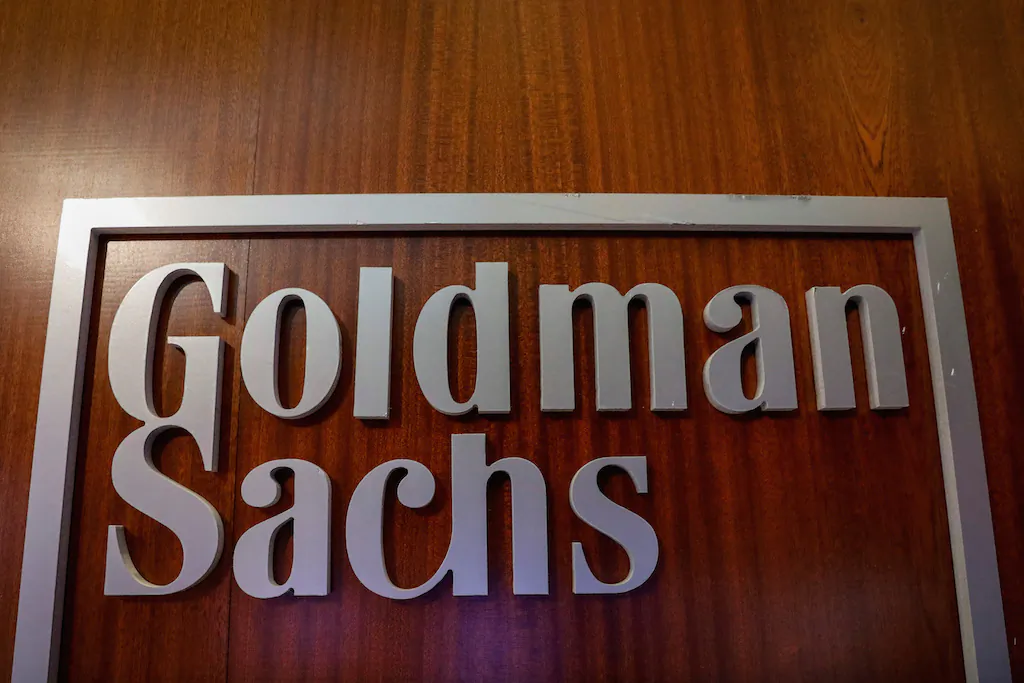 The Goldman Sachs company logo is seen in the company's space on the floor of the New York Stock Exchange, (NYSE) in New York City, on April 17, 2018. (Brendan McDermid/Reuters)