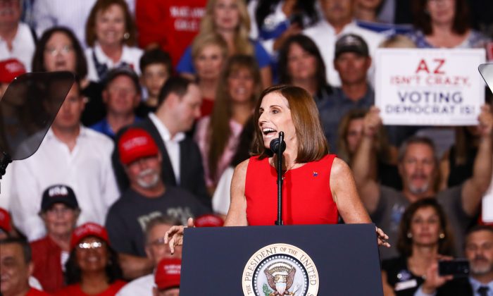 Rep. Martha McSally at a Make America Great Again rally in Mesa, Arizona, on Oct. 19, 2018. She was appointed to a vacancy in the U.S. Senate on Dec. 18, 2018, effective on Jan. 1, 2019. (Charlotte Cuthbertson/The Epoch Times)
