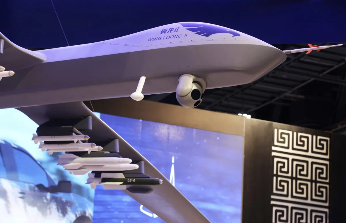 A model of the Wing Loong II weaponized drone for the China National Aero-Technology Import & Export Corp. is displayed at a military drone conference in Abu Dhabi, United Arab Emirates, on Feb. 25, 2018. (Jon Gambrell/AP)