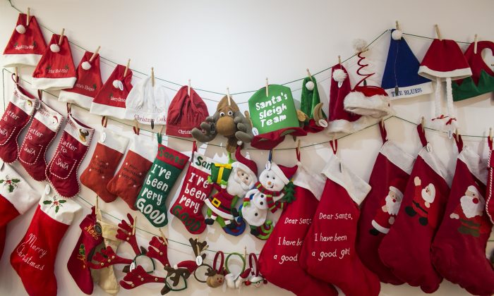 Christmas stockings are displayed in the showroom at the Festive Productions Ltd. premises in Cwmbran, Wales, on Dec. 10, 2013. (Matt Cardy/Getty Images)