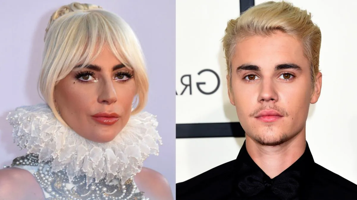Lady Gaga at the "A Star is Born" premiere in London, on Sept. 27, 2018. (Anthony Harvey/ AFP/Getty Images) and Justin Bieber at the 58th Grammy Awards in Los Angeles, on Feb. 15, 2016. (Jason Merritt/Getty Images)