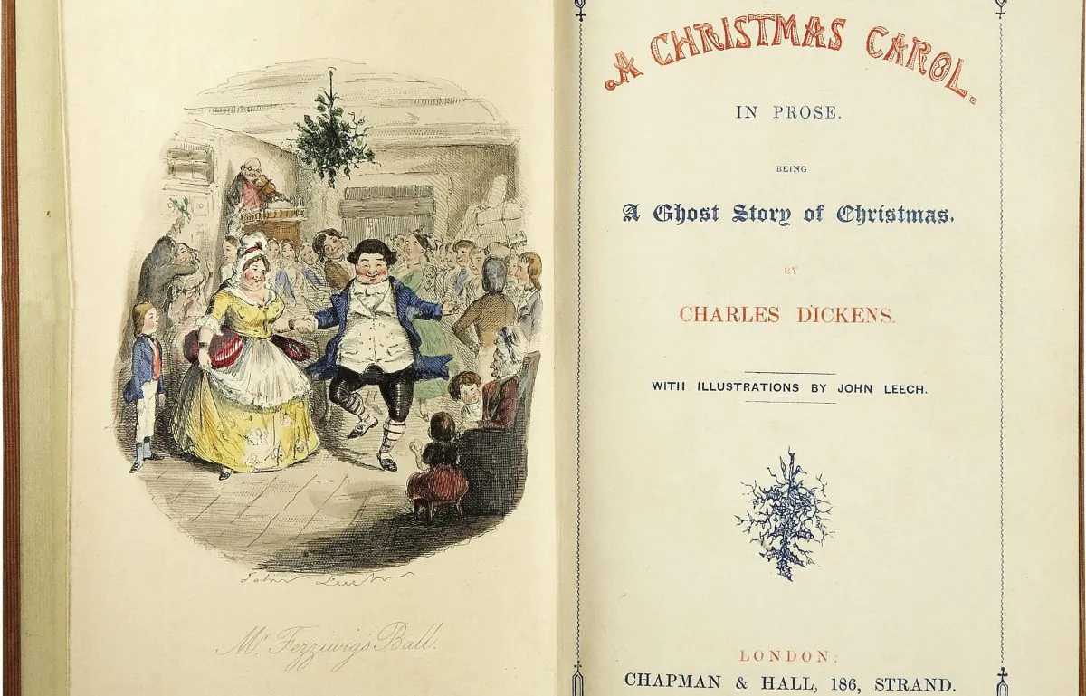 We may think of Dickens's "A Christmas Carol" as a sentimental favorite, as this illustration hints at, but it's meaning goes much deeper. The first edition frontispiece and title page, illustrated by John Leech. (Public Domain)
