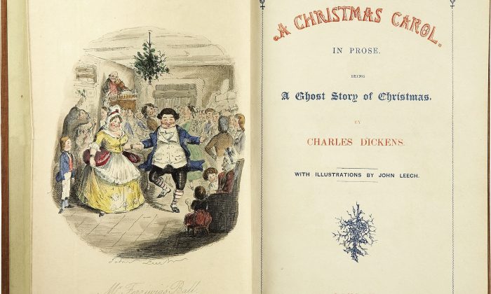 We may think of Dickens's "A Christmas Carol" as a sentimental favorite, as this illustration hints at, but it's meaning goes much deeper. The first edition frontispiece and title page, illustrated by John Leech. (Public Domain)