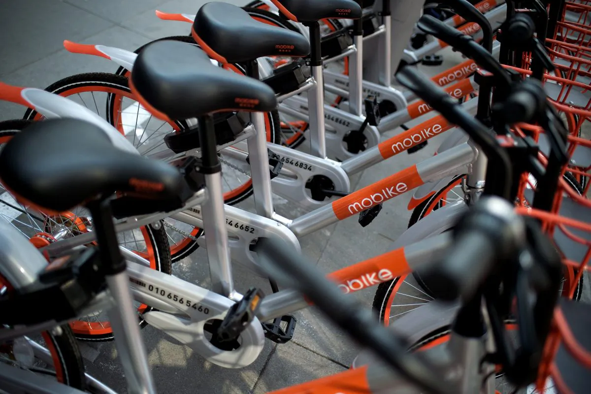 Mobike shared bicycles are seen on a street in Beijing on March 28, 2017. (Nicolas Asfouri/AFP/Getty Images)