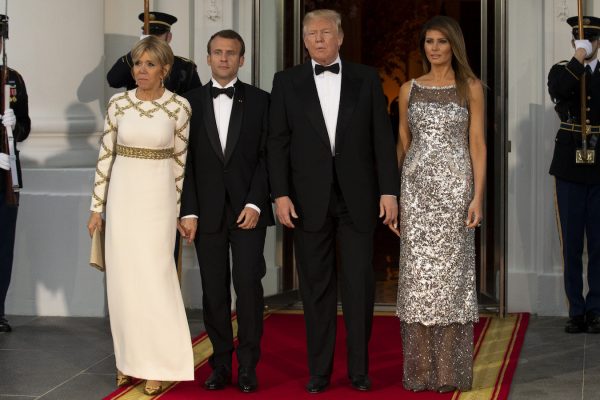 Trump and Melania welcome French president Emmanuel Macron and his wife to the White House.