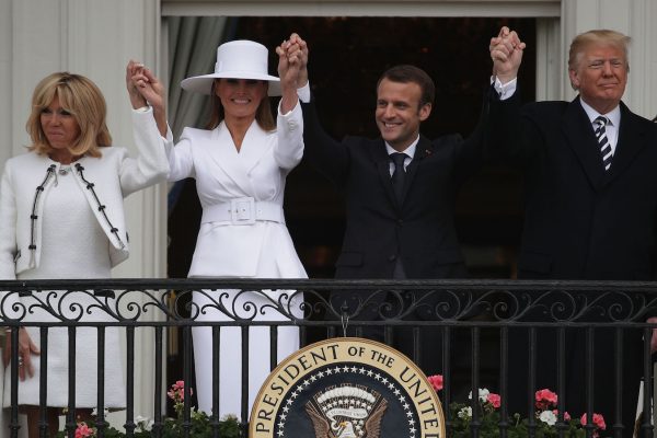 Trump and Melania welcome Emmanuel Macron and his wife to the White House.