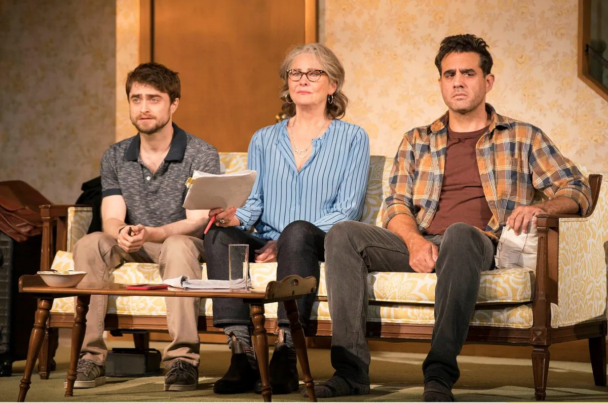 Deadline is approaching, and (L–R) Jim (Daniel Radcliffe) the fact-checker, Emily (Cherry Jones) the editor-in-chief, and John (Bobby Cannavale) the writer all have different goals and viewpoints. (Peter Cunningham)