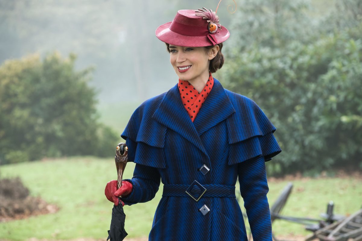 Mary Poppins in blue suit and red hat