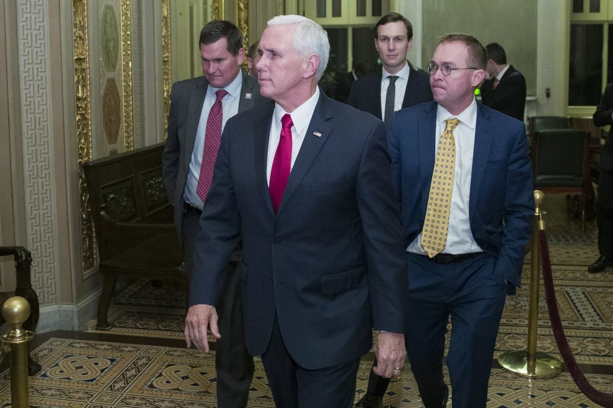 Vice President Mike Pence departs with White House senior adviser Jared Kushner, and incoming White House Chief of Staff Mick Mulvaney
