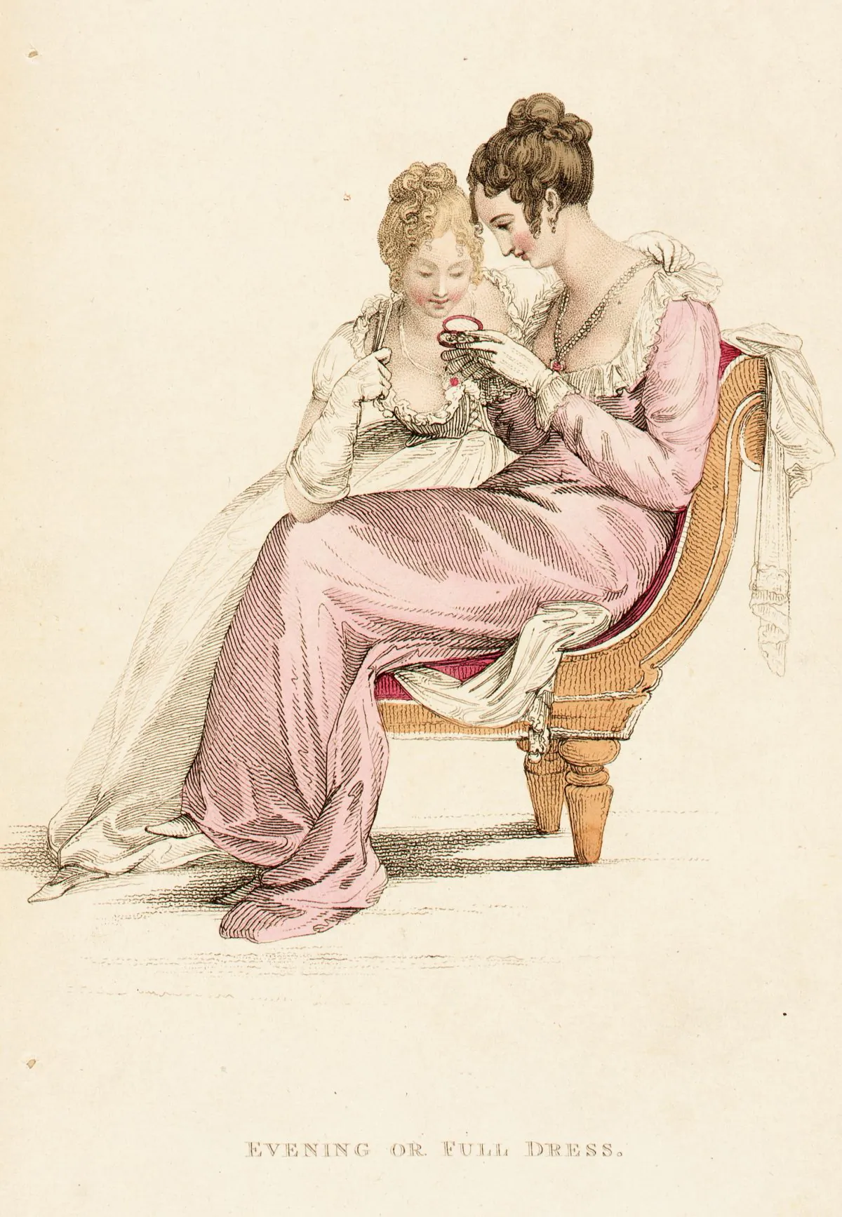 In Jane Austen’s “Sense and Sensibility,” two sisters demonstrate opposite tendencies: One shows prudence and the other poetic feelings. "Evening or Full Dress," a fashion plate for "The Repository of Arts," June 1, 1810, by Rudolph Ackermann. Hand-colored engraving on paper. Gift of Charles LeMaire, Los Angeles County Museum of Art. (Public Domain)