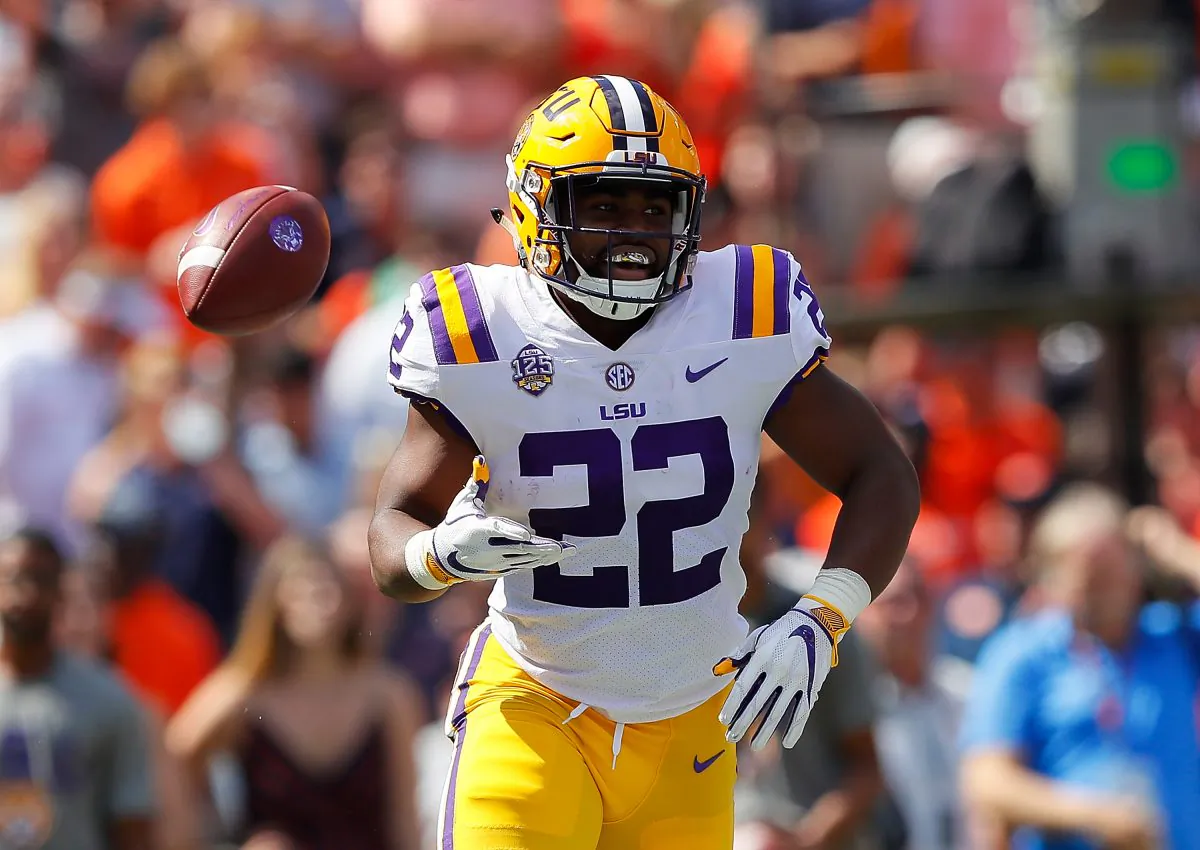 Clyde Edwards-Helaire #22 of the LSU Tigers reacts after rushing for a touchdown against the Auburn Tigers at Jordan-Hare Stadium in Auburn, Alabama on Sept. 15, 2018. (Kevin C. Cox/Getty Images)