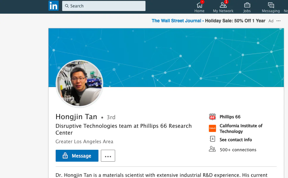 The LinkedIn page of Tan Hongjin, who was arrested on charges of stealing trade secrets from his former employer, a U.S. energy company. (Screenshot)