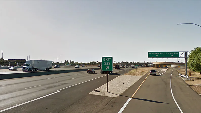 It was along this stretch of Highway 99 north of Pelandale Avenue in Modesto that a driver heading the wrong way hit two other vehicles. (Google Maps screenshot)