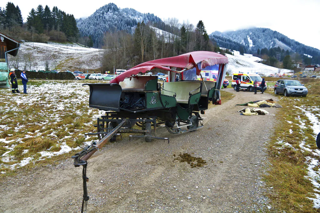 A damaged carriage sits on a path near Pfronten, southern Germany, on Dec. 25, 2018. (Benjamin Liss/dpa via AP)
