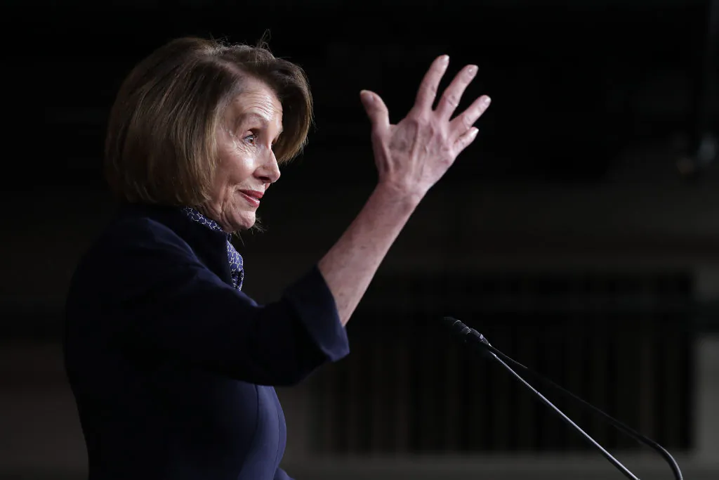 House Minority Leader Nancy Pelosi (D-Calif.) talks to reporters during her weekly news conference at the U.S. Capitol Visitors Center  in Washington on Dec. 13, 2018. (Chip Somodevilla/Getty Images)