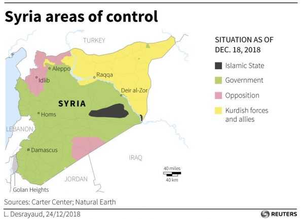 map showing areas of control in Syria