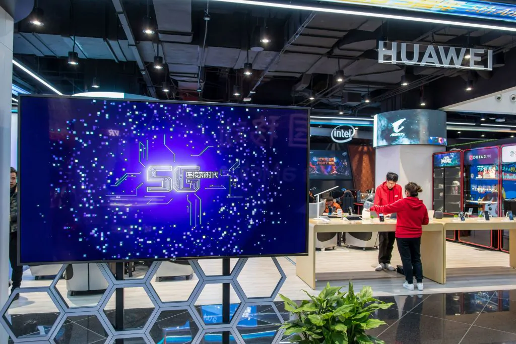 A Huawei booth is seen at a China Mobile 5G experience center in Shanghai on Dec. 20, 2018. (STR/AFP/Getty Images)