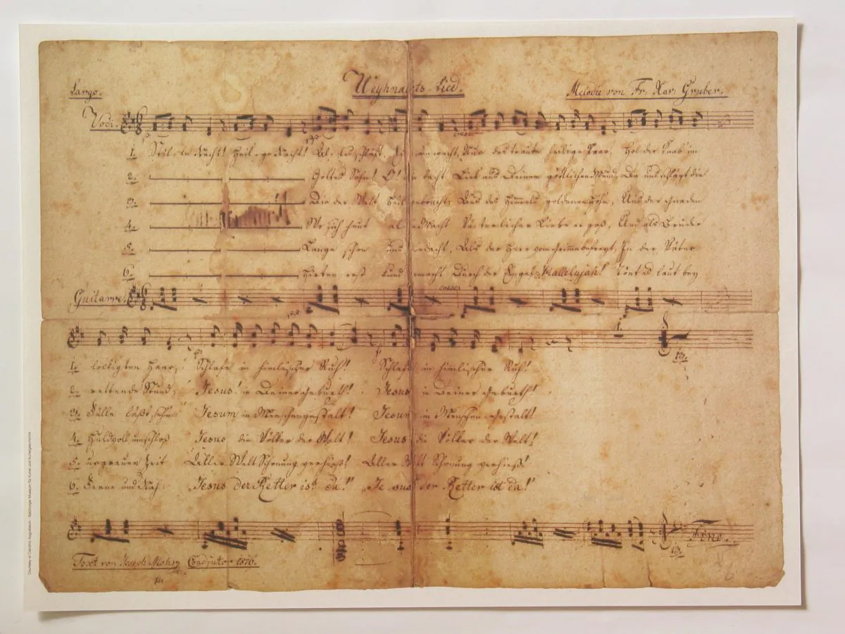 This undated score, written by Joseph Mohr and titled “Weynachts Lied” (“Christmas Carol”), is the earliest known surviving copy of “Silent Night.” Salzburg Museum. (Public Domain)