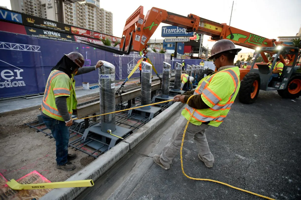 Construction workers on the Las Vegas Strip on Nov. 13, 2017. (David Becker/Getty Images)
