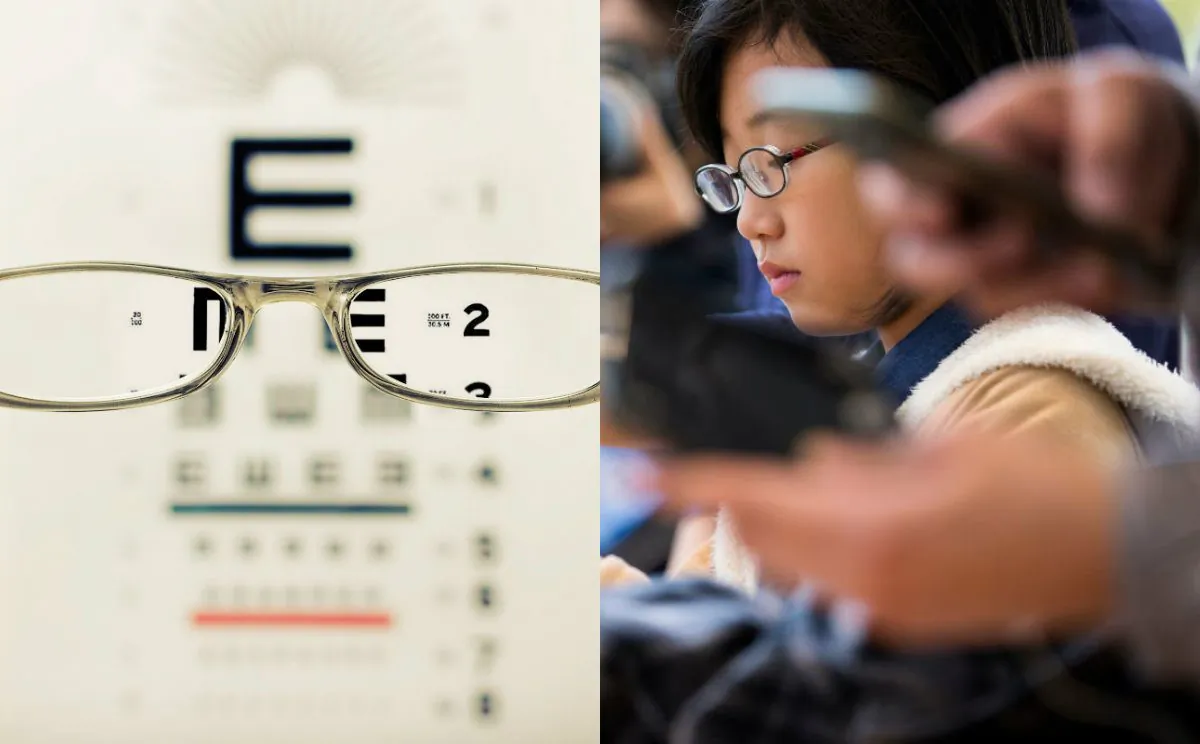 Japan is suggesting that smartphones may be to blame after results from a recent national survey released Dec. 21 revealed that the number of students in certain age groups who had below the standard 20/20 vision had reached an all-time high. L: Snellen Eye Chart (David Travis/Unsplash). R: Japanese child at a smartphone launch in Tokyo on Nov, 3, 2017. (Tomohiro Ohsumi/Getty Images)