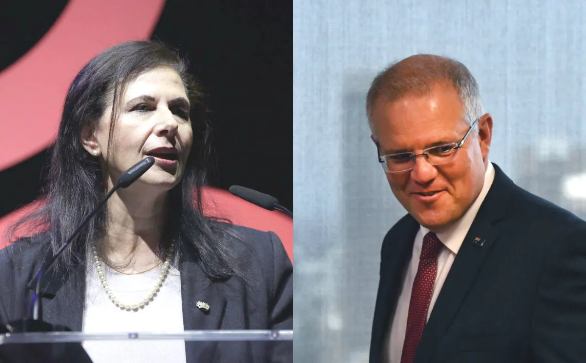 Concetta Fierravanti-Wells speaks at O2 Academy Brixton in London, England, on April 17, 2018. R: Scott Morrison arrives to speak at the Australian Institute in Sydney, Australia, on Dec. 15, 2018. (L: John Phillips/Getty Images for Global Citizen. R: Mick Tsikas-Pool/Getty Images)