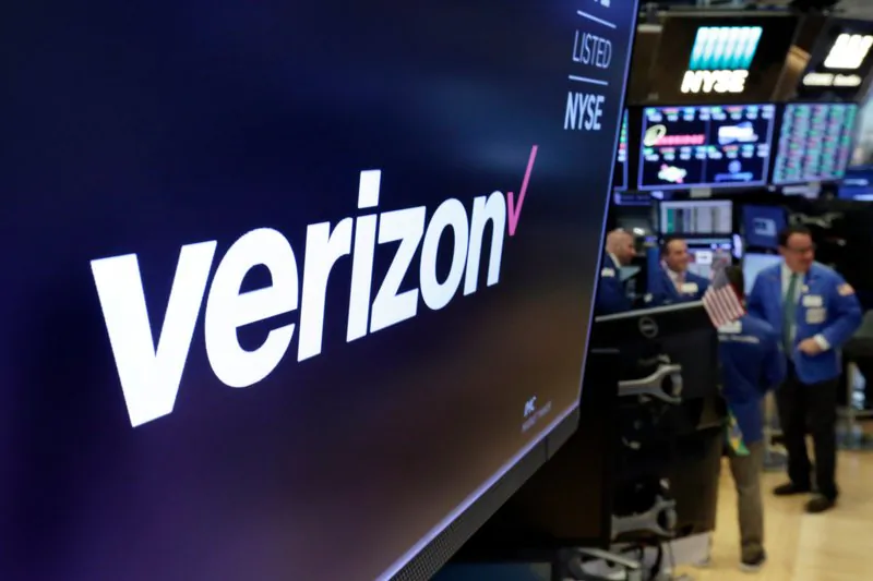 The logo for Verizon above a trading post on the floor of the New York Stock Exchange on Apr. 23, 2018. (AP Photo/Richard Drew)