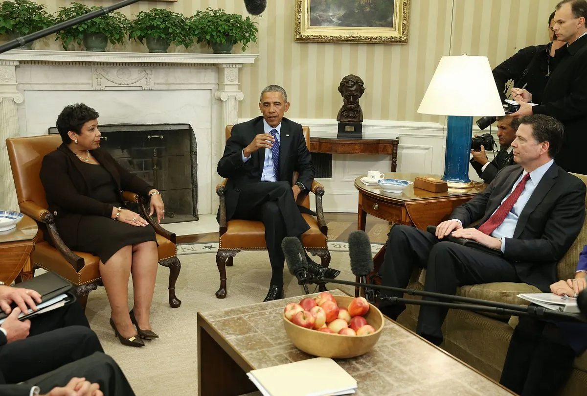 President Barack Obama at a meeting with Attorney General Loretta Lynch and FBI Director James Comey (R) in the Oval Office at the White House in Washington on Jan. 4, 2016. (Mark Wilson/Getty Images)