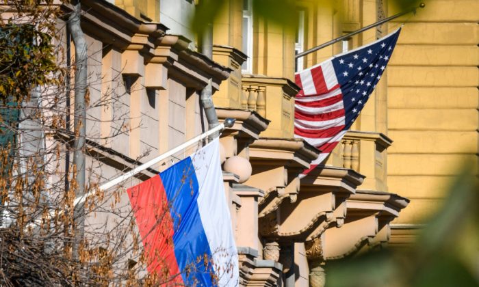 A Russian flag flies next to the U.S. embassy building in Moscow, on Oct. 22, 2018. (Mladen Antonov/AFP/Getty Images)